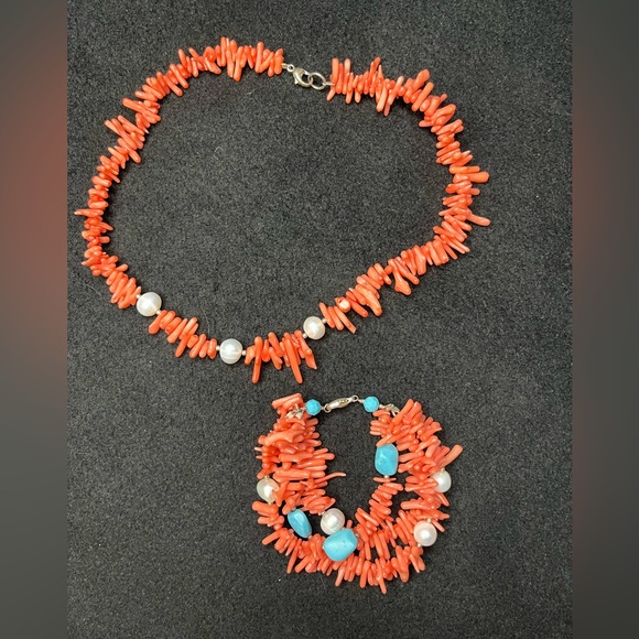 Antique Red Pink Coral Necklace bracelet Natural Corals Turquoise and Pearls - Picture 1 of 9